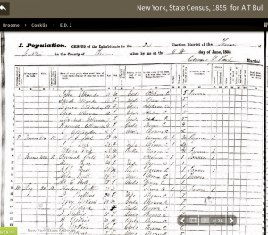 My ancestor Arthur Bull with his family of origin in the 1855 NYS Census for Conklin, Broome Co., N.Y.